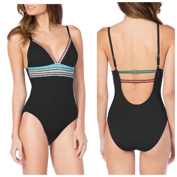La Blanca NWT One Piece Boho Swimsuit Black & Blue Stitch Size 4 - Picture 1 of 11